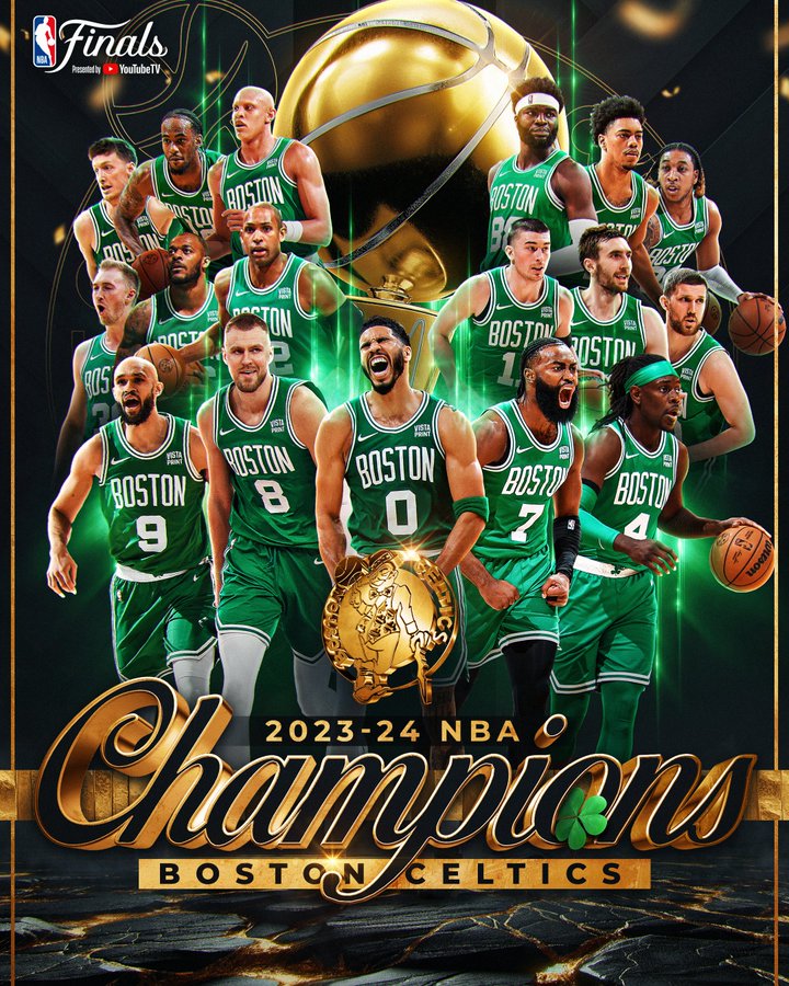 NBA塞爾蒂克今天在塔特姆（Jayson Tatum）攻下全場最高31分，並送出11次助攻的帶領下，106比88擊退獨行俠，以4勝1負拿下隊史第18座總冠軍，獨居聯盟第一。